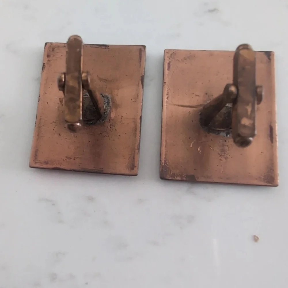 Vintage Mid Century Copper Enamel Cufflinks Abstract Modernist Signed RC